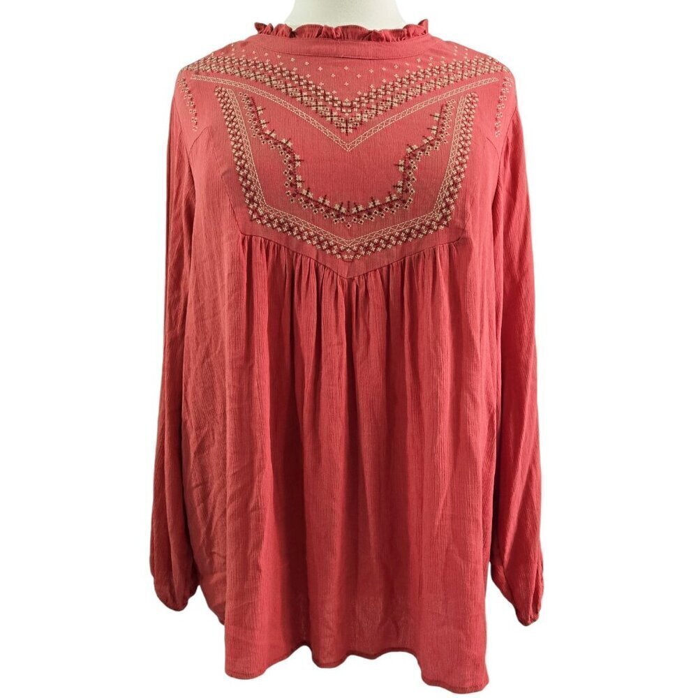 Torrid Coral Salmon Crinkle Gauze Relaxed Embroidered Blouse Boho Tribal